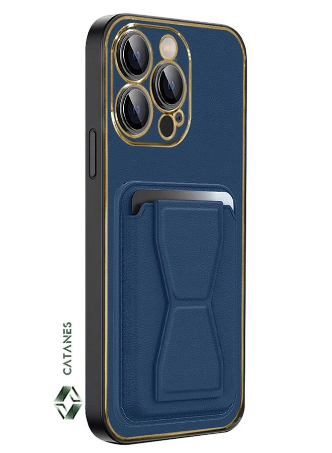 CATANES iPhone 13 Pro Case Cover Kickstand And Wallet Case Blue - Image 4