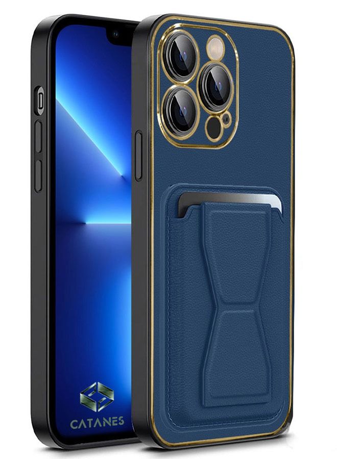 CATANES iPhone 13 Pro Case Cover Kickstand And Wallet Case Blue - Image 1
