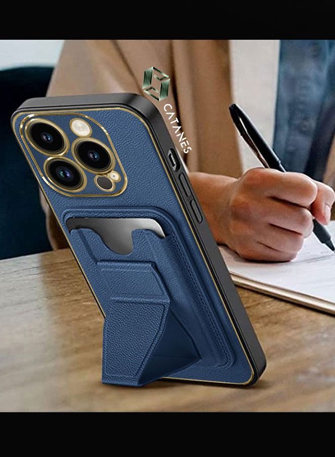 CATANES iPhone 13 Pro Case Cover Kickstand And Wallet Case Blue - Image 5