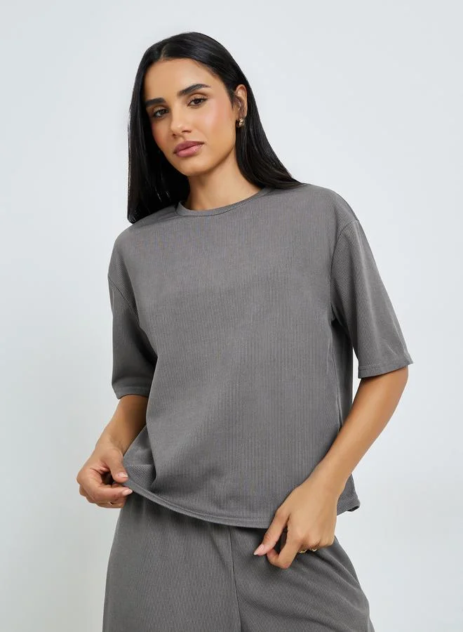Styli Charcoal Ribbed T-Shirt and Wide Leg Joggers Co-Ords