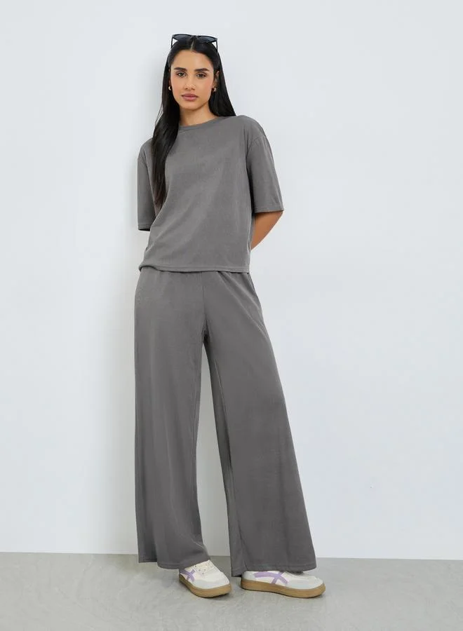 Styli Charcoal Ribbed T-Shirt and Wide Leg Joggers Co-Ords