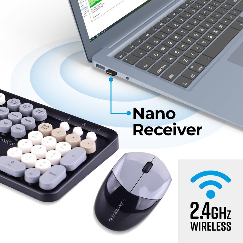 ZEBRONICS Newly launched Companion 301 2.4GHz Wireless Keyboard & Mouse Combo with UV Printed, Retro Style Keys, 104 + 12 Integrated Multimedia Keys, 1600 DPI, High Precision (Black + Grey) - Image 3