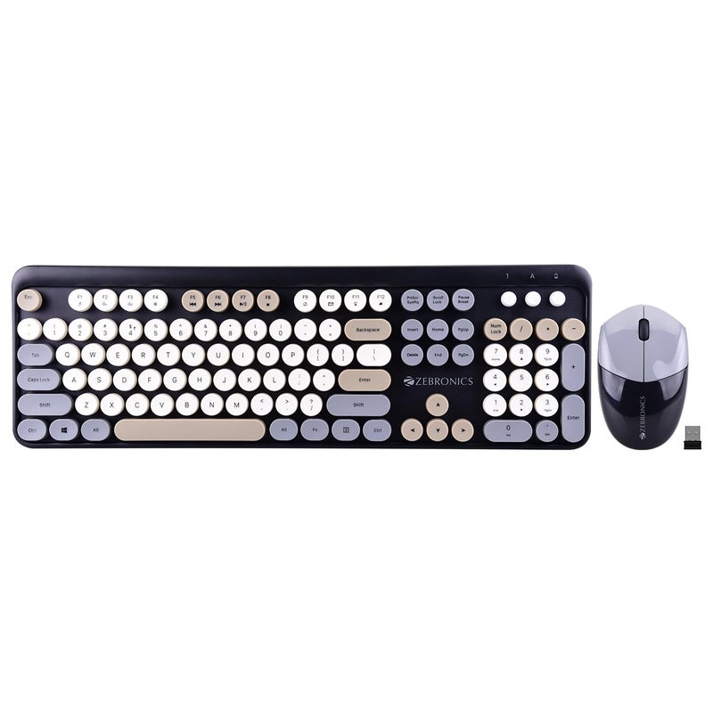 ZEBRONICS Newly launched Companion 301 2.4GHz Wireless Keyboard & Mouse Combo with UV Printed, Retro Style Keys, 104 + 12 Integrated Multimedia Keys, 1600 DPI, High Precision (Black + Grey) - Image 1