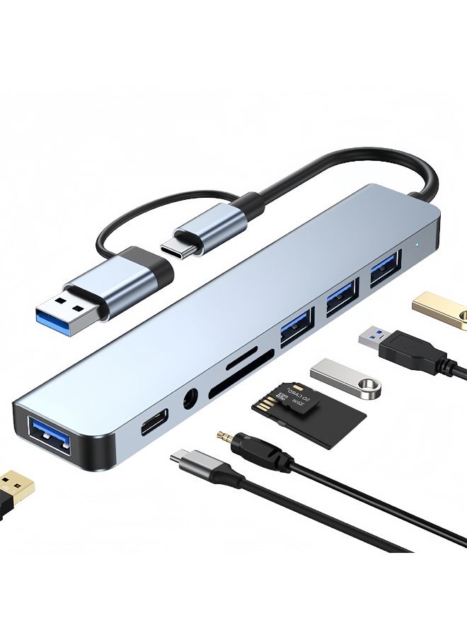 شيك فايب موزع USB C، موزع USB، موسع USB 8 في 1، محول من النوع C، موزع وموسع مع USB A ذكر إلى USB C أنثى، USB 3.0، مع 4 منافذ USB، مقبس USBC واحد، قارئ بطاقة TF/SD، مخرج صوت 3.5 مم لأجهزة MacBook Pro/iPad Pro/iPhone 15/Laptop/Galaxy Phones/المزيد (1 إلى 8) - Image 1