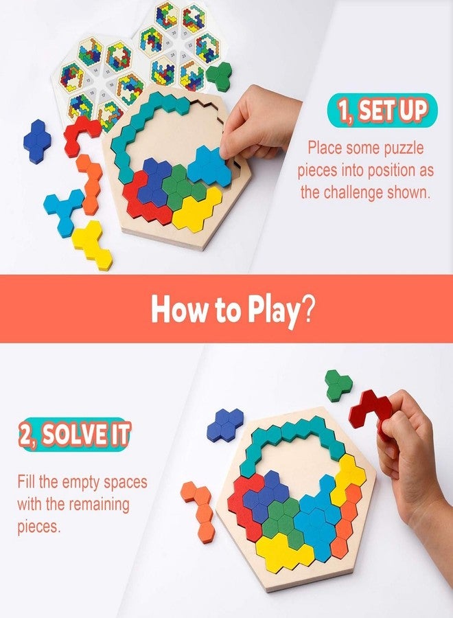 QEXLE Colorful Wooden Hexagon Puzzle Educational Logic Brain Teaser STEM Learning Game - Image 4