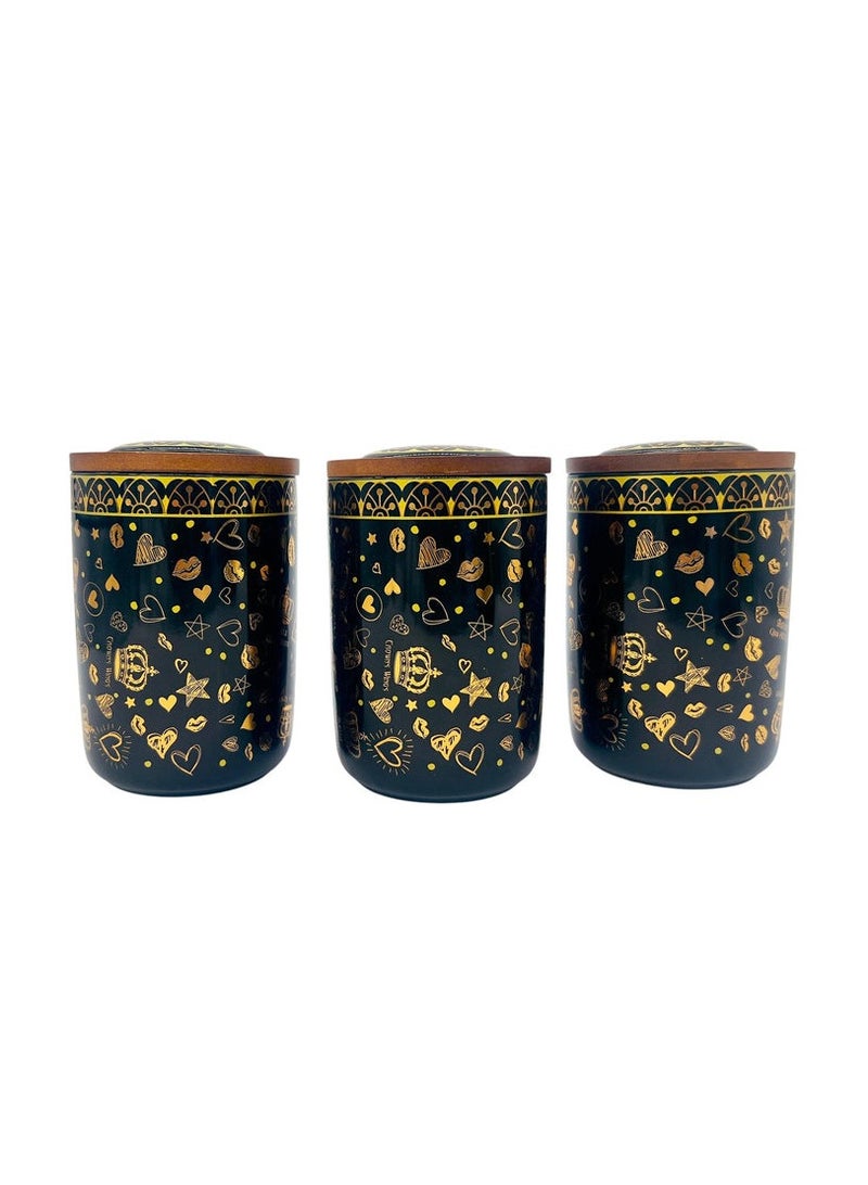 AKDC Ceramic Set of 3 Canister 1 Liter * 3 with a Wooden Lid, Black and Golden Design - Image 1