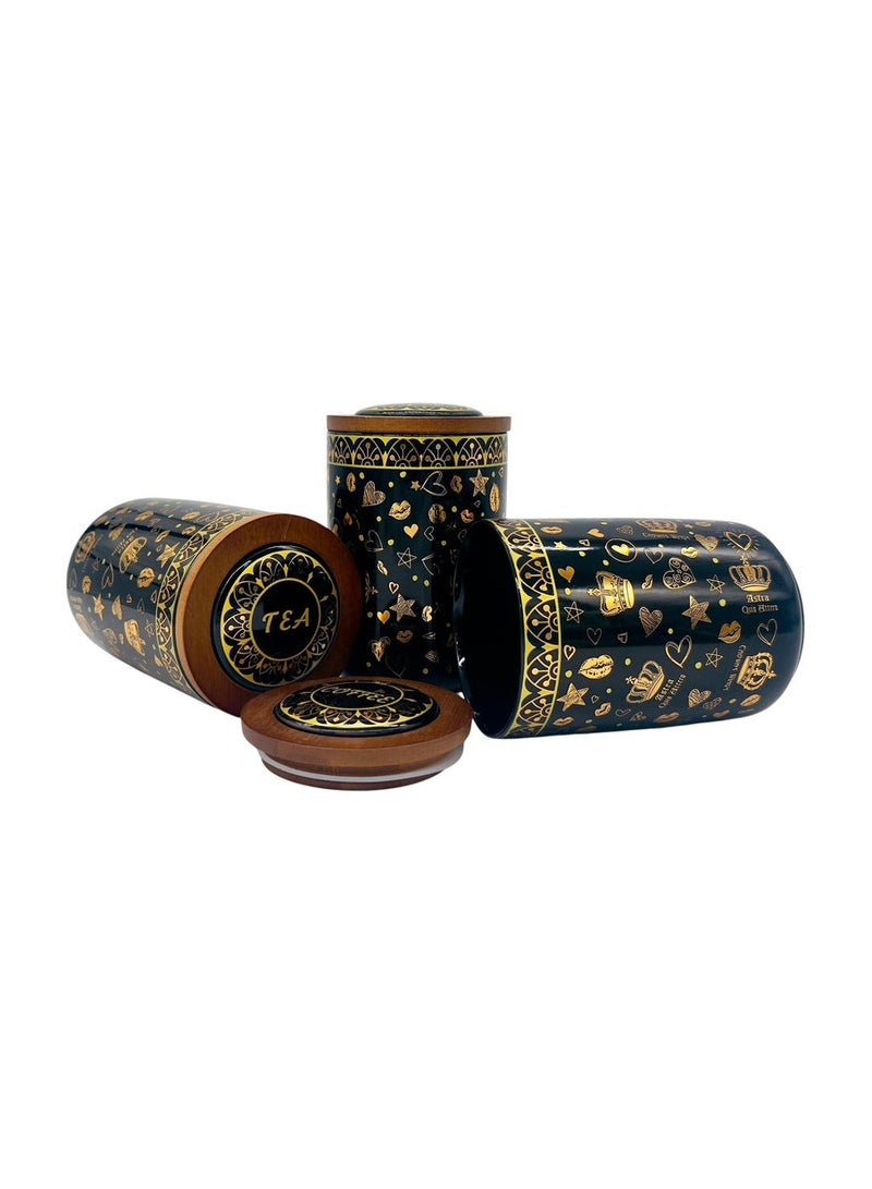 AKDC Ceramic Set of 3 Canister 1 Liter * 3 with a Wooden Lid, Black and Golden Design - Image 2
