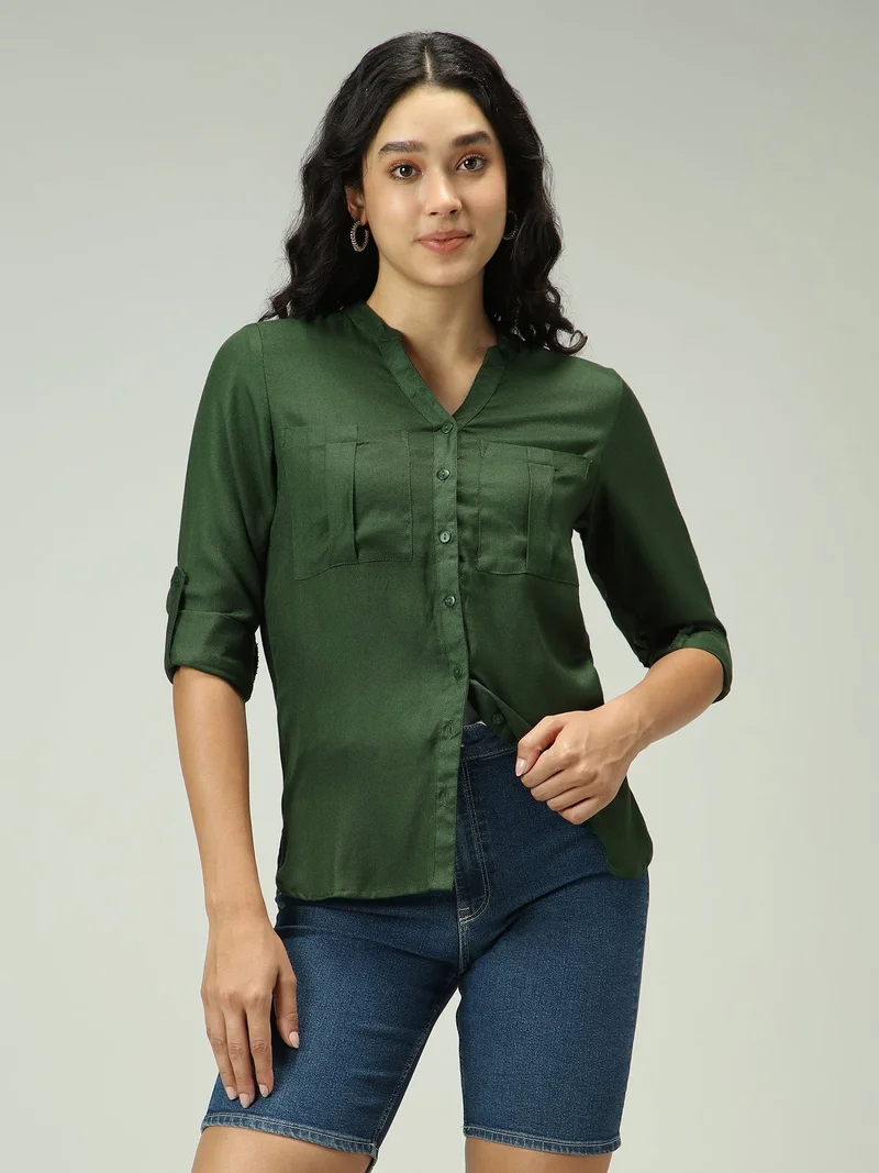 Outzidr Green Olive Solid V Neck Shirt for Women | Best Price UAE
