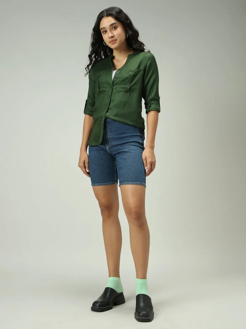 Outzidr Green Olive Solid V Neck Shirt for Women | Best Price UAE
