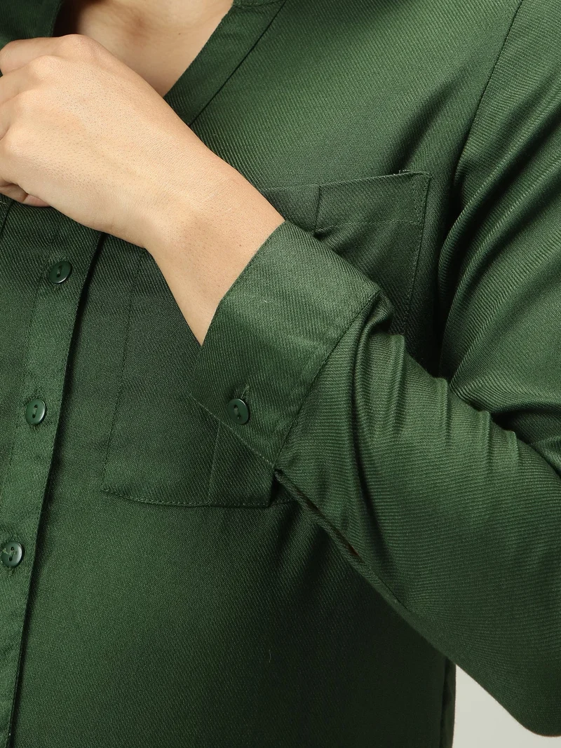 Outzidr Green Olive Solid V Neck Shirt for Women | Best Price UAE