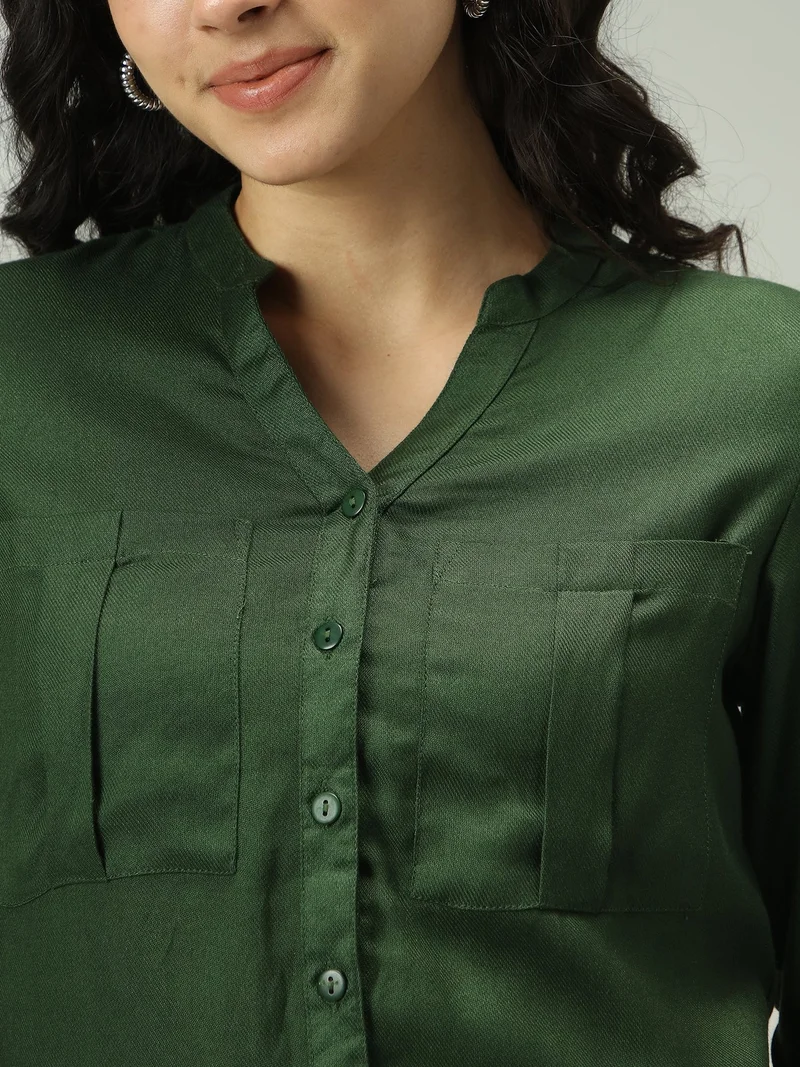 Outzidr Green Olive Solid V Neck Shirt for Women | Best Price UAE