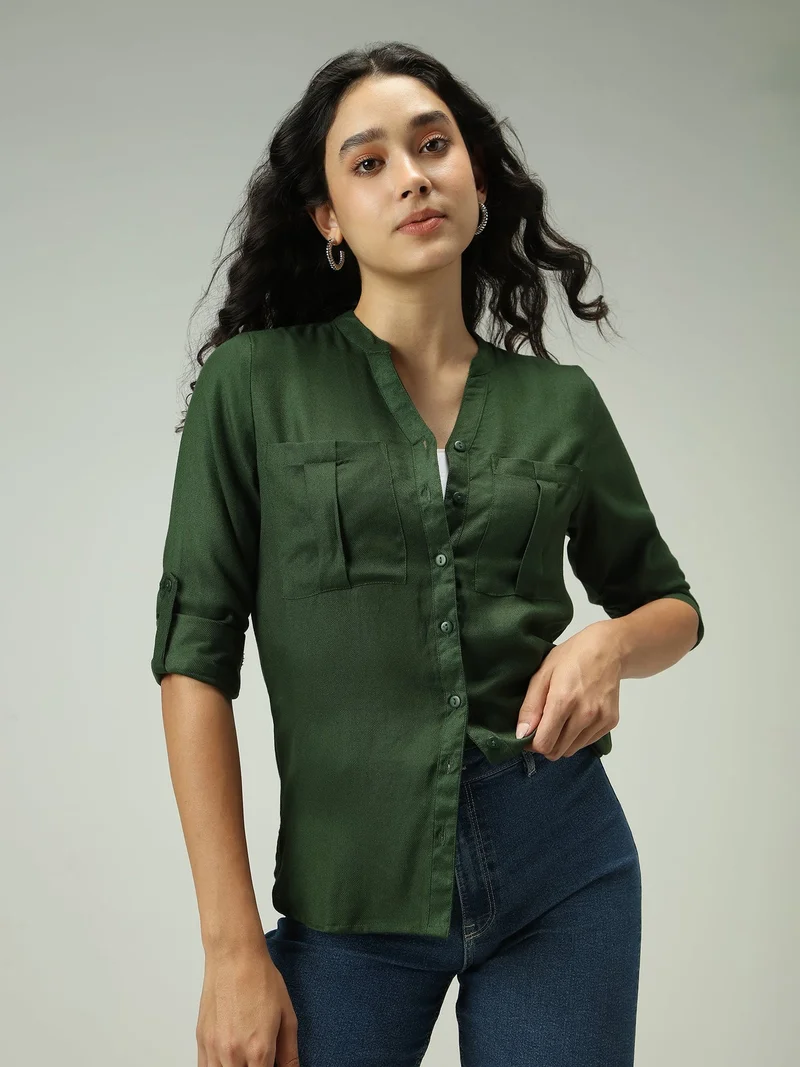Outzidr Green Olive Solid V Neck Shirt for Women | Best Price UAE