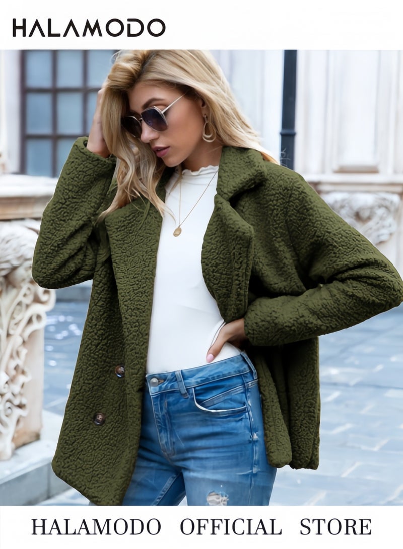 هالامودو معاطف نسائية شتوية من الفرو الصناعي بأكمام طويلة وياقة مدببة وجيوب بأزرار وسترة من الصوف الشيربا ملابس خارجية عصرية غير رسمية - Image 3