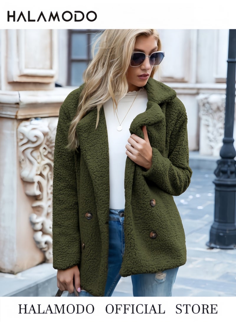 هالامودو معاطف نسائية شتوية من الفرو الصناعي بأكمام طويلة وياقة مدببة وجيوب بأزرار وسترة من الصوف الشيربا ملابس خارجية عصرية غير رسمية - Image 2