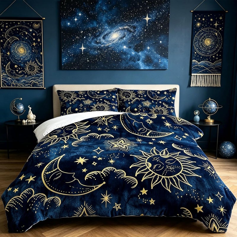 FUYEUN Celestial Comforter Set Queen Size Blue Gold Sun and Moon Boho Bedding for Kids Adult Women Teens Universe Galaxy Bohemian Exotic Gothic Quilt 1 Comforter + 2 Pillow Cases - Image 1