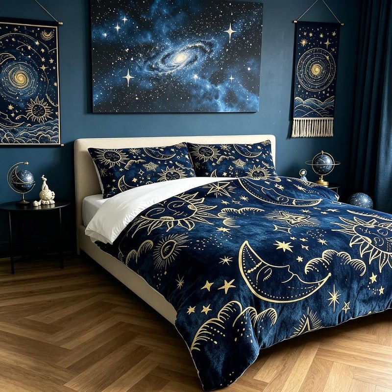 FUYEUN Celestial Comforter Set Queen Size Blue Gold Sun and Moon Boho Bedding for Kids Adult Women Teens Universe Galaxy Bohemian Exotic Gothic Quilt 1 Comforter + 2 Pillow Cases - Image 2