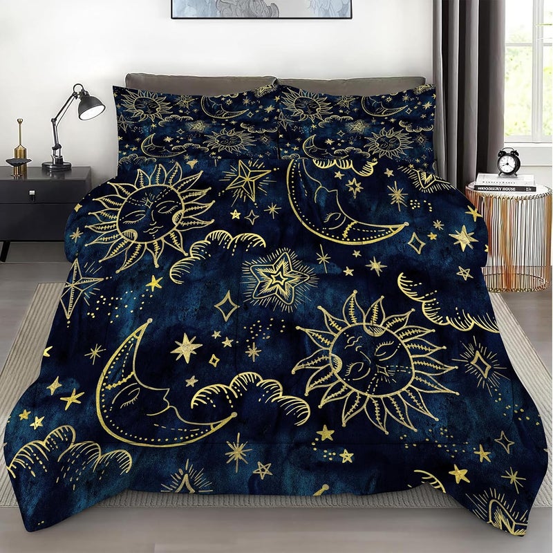 FUYEUN Celestial Comforter Set Queen Size Blue Gold Sun and Moon Boho Bedding for Kids Adult Women Teens Universe Galaxy Bohemian Exotic Gothic Quilt 1 Comforter + 2 Pillow Cases - Image 3