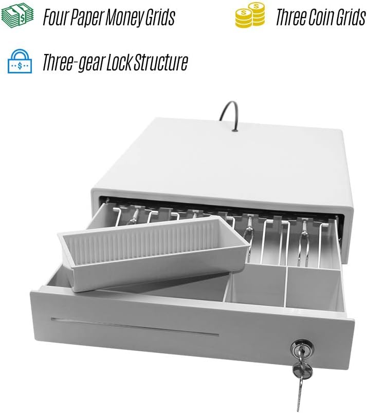 Suzicca Cash Drawer，Heavy Duty Cash Drawer Four-Grid Three-Gear POS Cash Register Drawers Cashbox with Money Tray and Lock RJ11 Interface Smart POS System - Image 5