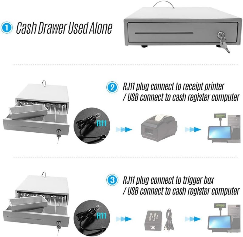 Suzicca Cash Drawer，Heavy Duty Cash Drawer Four-Grid Three-Gear POS Cash Register Drawers Cashbox with Money Tray and Lock RJ11 Interface Smart POS System - Image 4