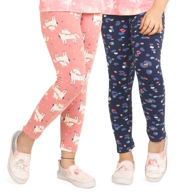 ARIEL Girls Cotton Printed Non-Transparent Regular Fit Mid Rise Ankle Length Leggings(AR-G-Leg-P2-78-(Orange+Blueprint)_Multicolor_78 Years) - Image 1