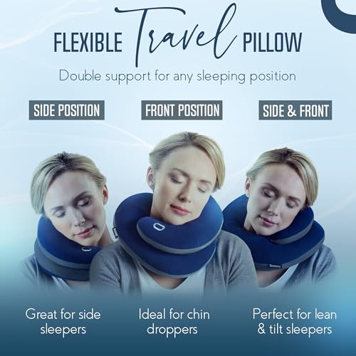 BCOZZY Travel Neck Pillow for Airplane – Patented Double Support for Head, Neck, and Chin. Best for Long Flights, Plane Sleeping & Car Rides. Adjustable Size. Fully Washable. Carry Bag. X-Large, Navy - Image 2