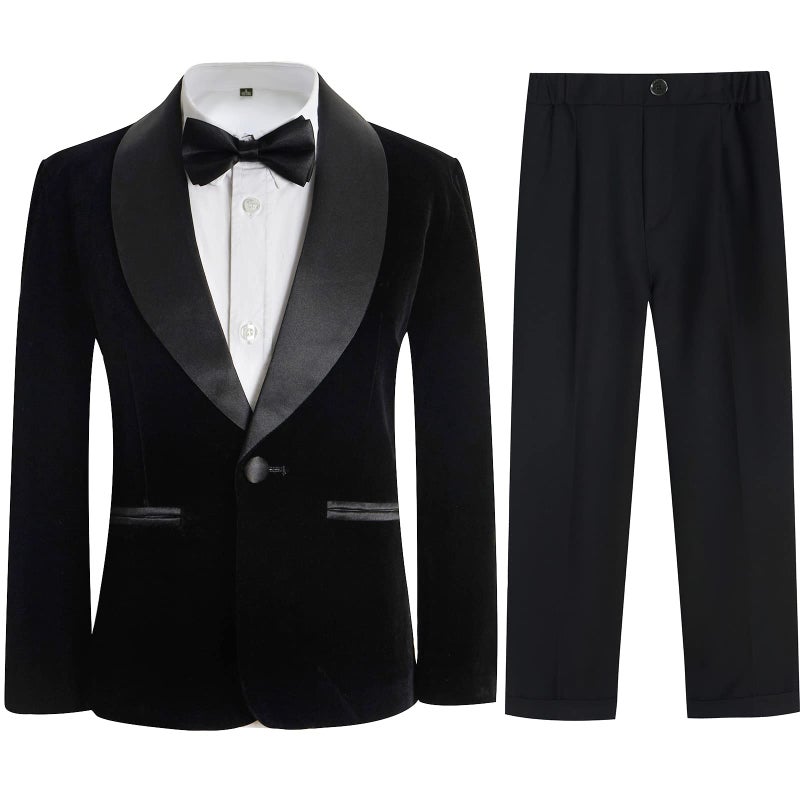 Kidinix Boys Tuxedo Suit 3 Pieces Kids Formal Slim Fit Velvet Suits Set for Wedding Prom Party Black - Image 2