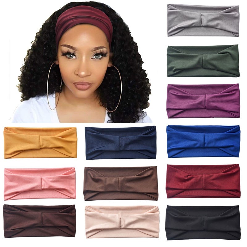 Carede 12 Pack Wide Headbands for Women No slip Stretchy Boho Hair Bands, Soft Elastic Yoga Workout Running Thick Wicking Sweat Bands Solid colors Head Wrap - Image 1
