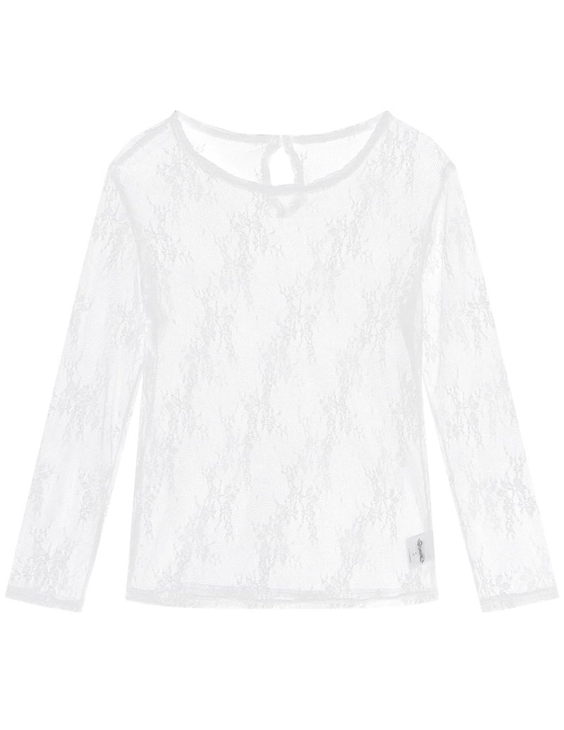 Noomelfish Girls Lace Long Sleeve Layering Tops Sheer Mesh Tee Shirts Blouse, Floral White, Size 5-6 Years - Image 1