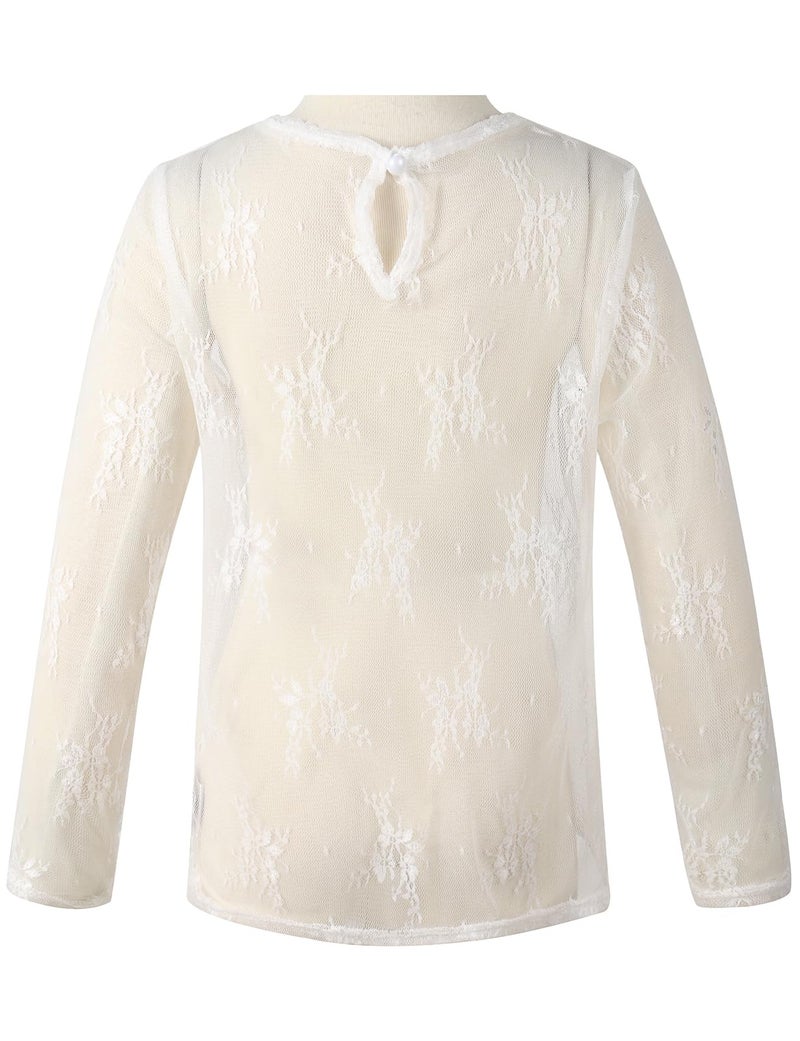 Noomelfish Girls Lace Long Sleeve Layering Tops Sheer Mesh Tee Shirts Blouse, Floral White, Size 5-6 Years - Image 4