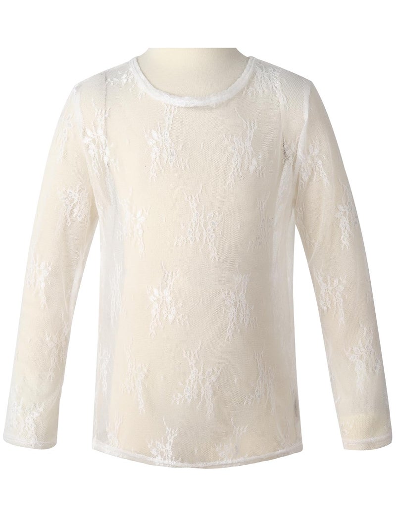 Noomelfish Girls Lace Long Sleeve Layering Tops Sheer Mesh Tee Shirts Blouse, Floral White, Size 5-6 Years - Image 3