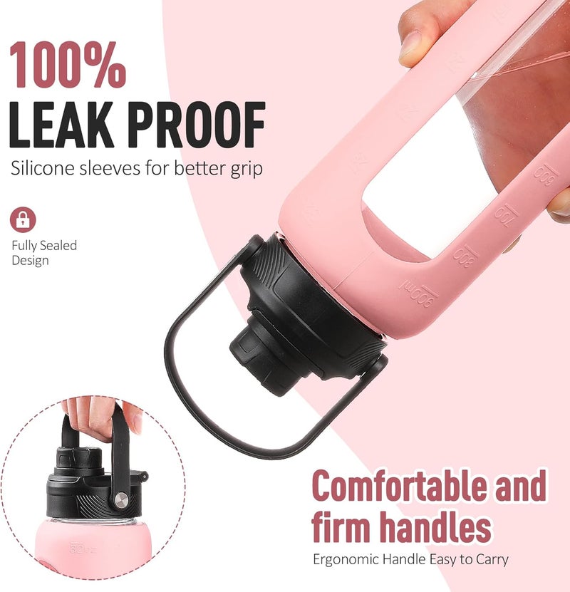BLUEGO Drinking Bottle, 900 ml, Borosilicate Glass, Sports Water Bottle with Straw and 2 Lids, Leak-Proof Drinking Bottles with Time Marking and Measuring Scale, BPA-Free, Pink - Image 2
