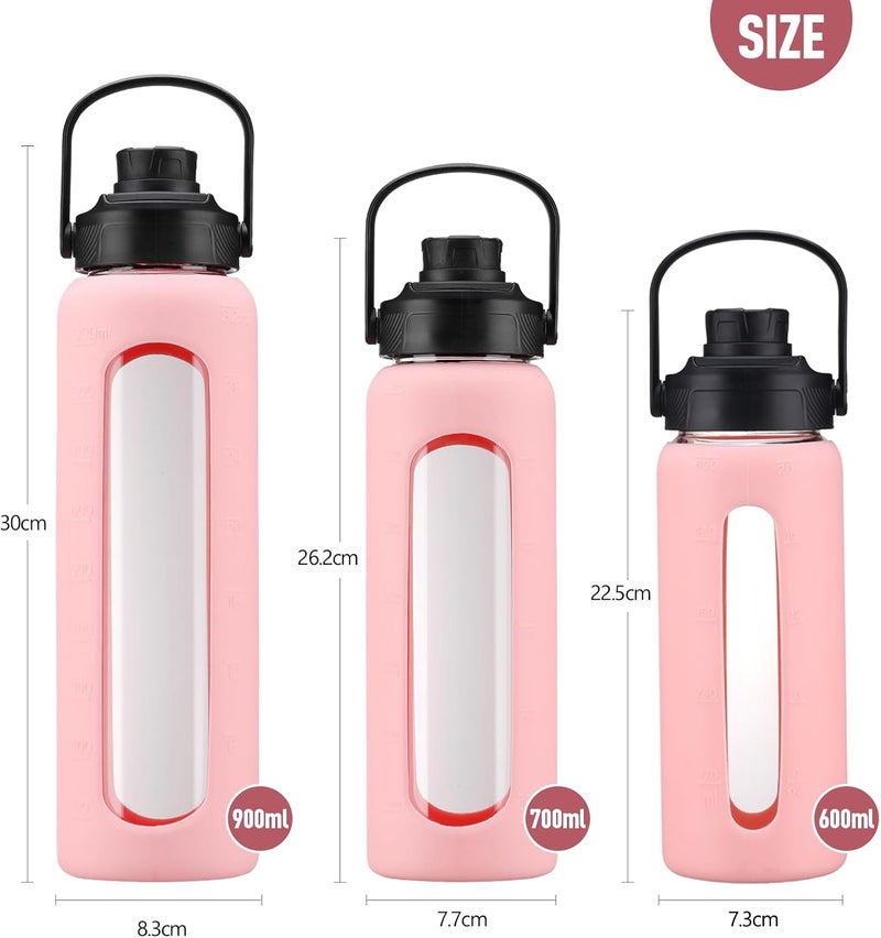 BLUEGO Drinking Bottle, 900 ml, Borosilicate Glass, Sports Water Bottle with Straw and 2 Lids, Leak-Proof Drinking Bottles with Time Marking and Measuring Scale, BPA-Free, Pink - Image 5