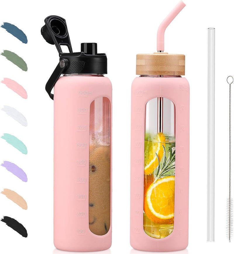 BLUEGO Drinking Bottle, 900 ml, Borosilicate Glass, Sports Water Bottle with Straw and 2 Lids, Leak-Proof Drinking Bottles with Time Marking and Measuring Scale, BPA-Free, Pink - Image 1