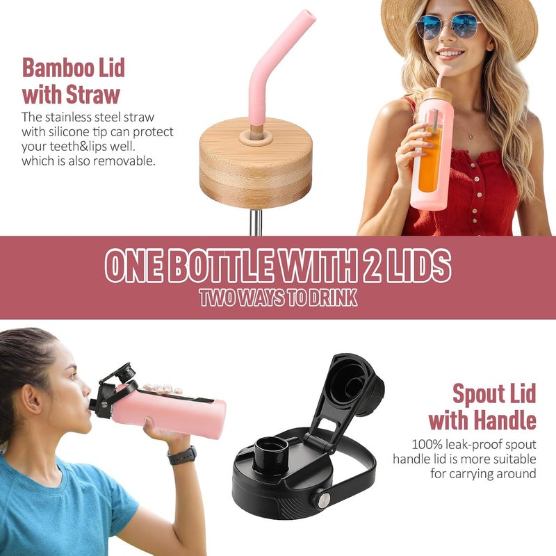 BLUEGO Drinking Bottle, 900 ml, Borosilicate Glass, Sports Water Bottle with Straw and 2 Lids, Leak-Proof Drinking Bottles with Time Marking and Measuring Scale, BPA-Free, Pink - Image 3