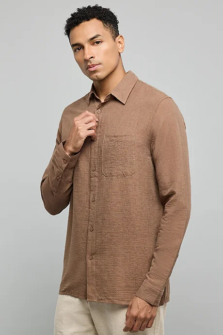 أر أند بي Textured Shirt with Classic Collar and Long Sleeves