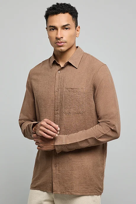 أر أند بي Textured Shirt with Classic Collar and Long Sleeves
