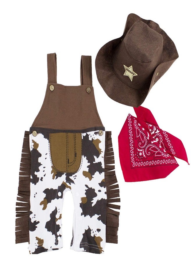 stylesilove Toddler Boy Brown Western Overalls with Fringe, Cow Print Pants, Cowboy Hat & Red Bandana 3-Piece Clothing Set (2-3 Years) - Image 1