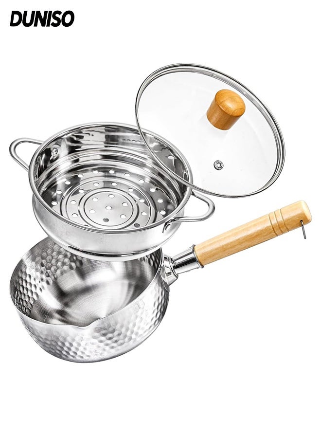 DUNISO Stainless Steel Saucepan with Steamer Basket, Cooking Pot with Glass Lid and Wooden Handle,Versatile Pan with Double drainage hole（18cm) - Image 1