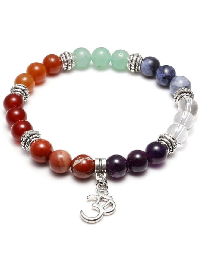7 Chakras Yoga Meditation Healing Balancing Round Stone Beads Stretch Bracelet with Tree of Life/Lotus/OM Symbol Charm, Stone, Glass,  - Image 1