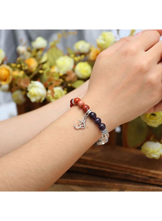 7 Chakras Yoga Meditation Healing Balancing Round Stone Beads Stretch Bracelet with Tree of Life/Lotus/OM Symbol Charm, Stone, Glass,  - Image 3