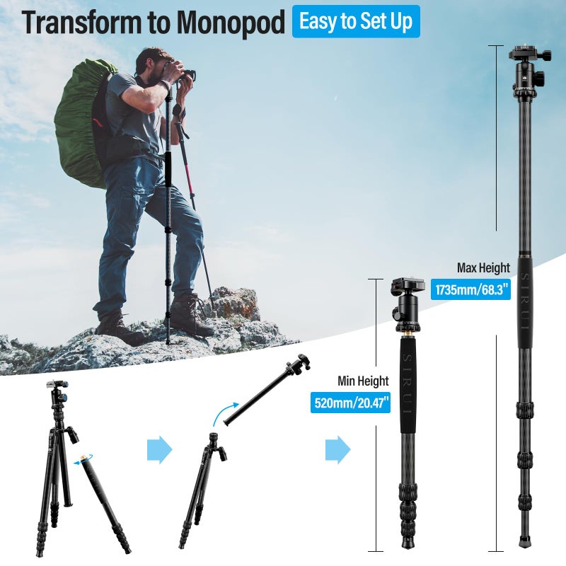 SIRUI Traveler 7C Camera Tripod 65.55 inches Carbon Fiber Arca Tripod with E-10 360Â° Panorama Ball Head and Arca Swiss Quick Release Plate Load Capacity Up to 17.6lbs, Convertible to Monopod - Image 3