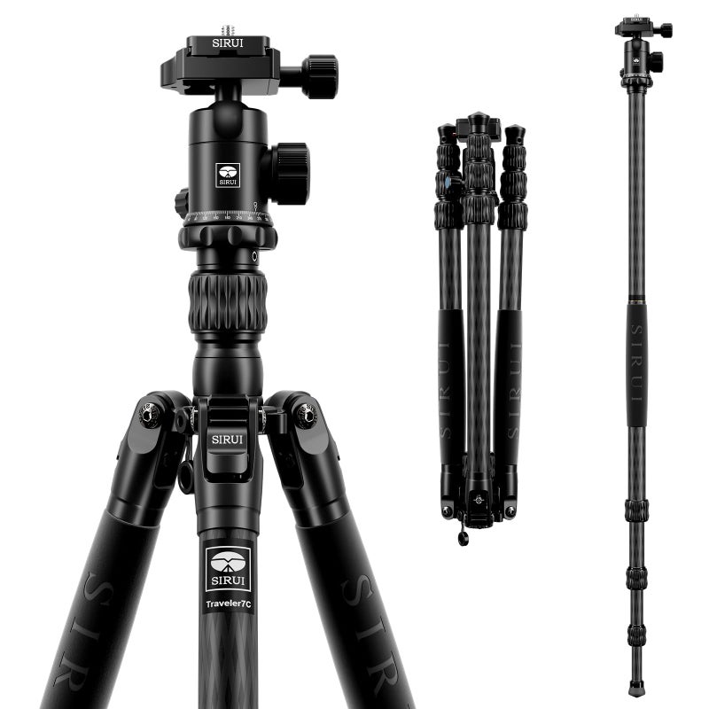 SIRUI Traveler 7C Camera Tripod 65.55 inches Carbon Fiber Arca Tripod with E-10 360Â° Panorama Ball Head and Arca Swiss Quick Release Plate Load Capacity Up to 17.6lbs, Convertible to Monopod - Image 1