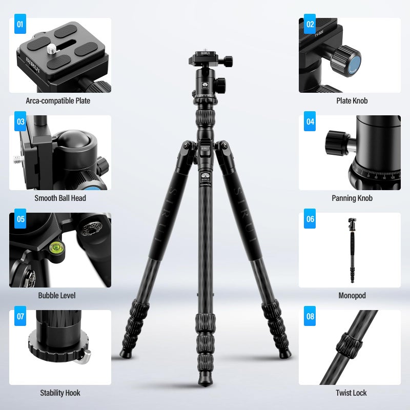 SIRUI Traveler 7C Camera Tripod 65.55 inches Carbon Fiber Arca Tripod with E-10 360Â° Panorama Ball Head and Arca Swiss Quick Release Plate Load Capacity Up to 17.6lbs, Convertible to Monopod - Image 2