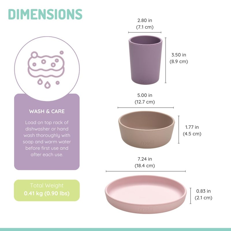 melii Non-Suction Silicone Plate, Bowl and Cup Set for Toddlers, Kids and Children (Purple, Grey, Pink) - Image 2