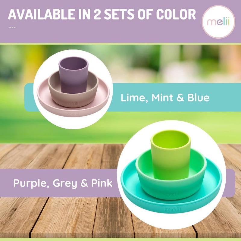 melii Non-Suction Silicone Plate, Bowl and Cup Set for Toddlers, Kids and Children (Purple, Grey, Pink) - Image 5