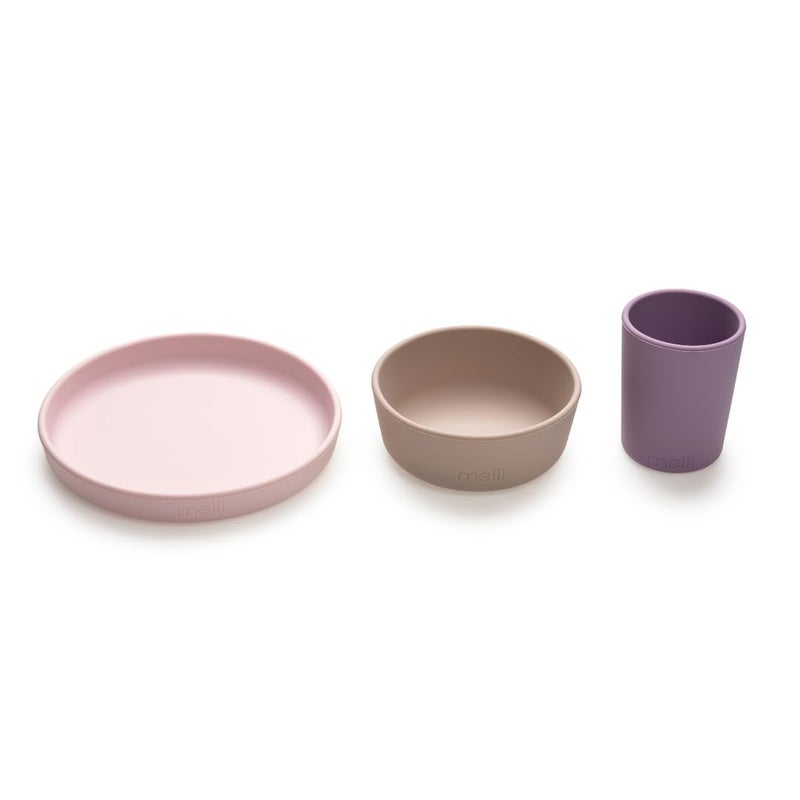 melii Non-Suction Silicone Plate, Bowl and Cup Set for Toddlers, Kids and Children (Purple, Grey, Pink) - Image 1