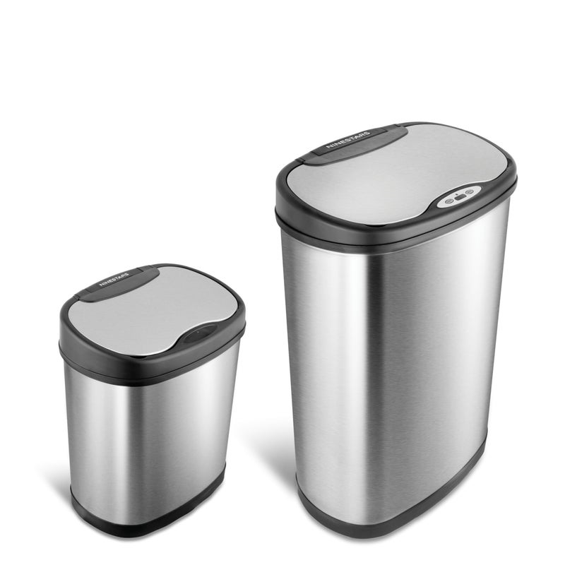 NINESTARS CB-DZT-50-13/12-13 Automatic Touchless Infrared Motion Sensor Trash Can Combo Set, 13 Gal 50L & 3 Gal 12L, Stainless Steel Base (Oval, Silver/Black Lid) - Image 1
