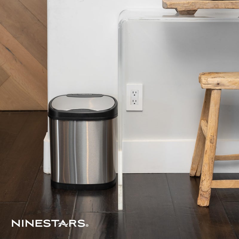 NINESTARS CB-DZT-50-13/12-13 Automatic Touchless Infrared Motion Sensor Trash Can Combo Set, 13 Gal 50L & 3 Gal 12L, Stainless Steel Base (Oval, Silver/Black Lid) - Image 2