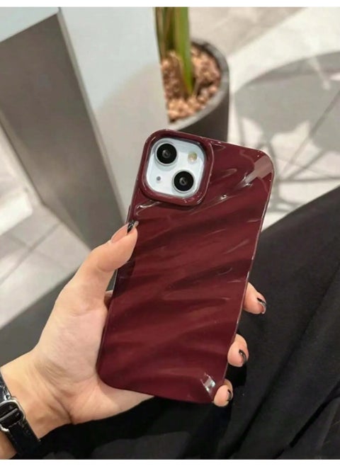 3D Wave Pattern Anti-drop Phone Case with Silky Texture Wrinkle Burgundy Brushed Effect Electroplating Compatible with iPhone