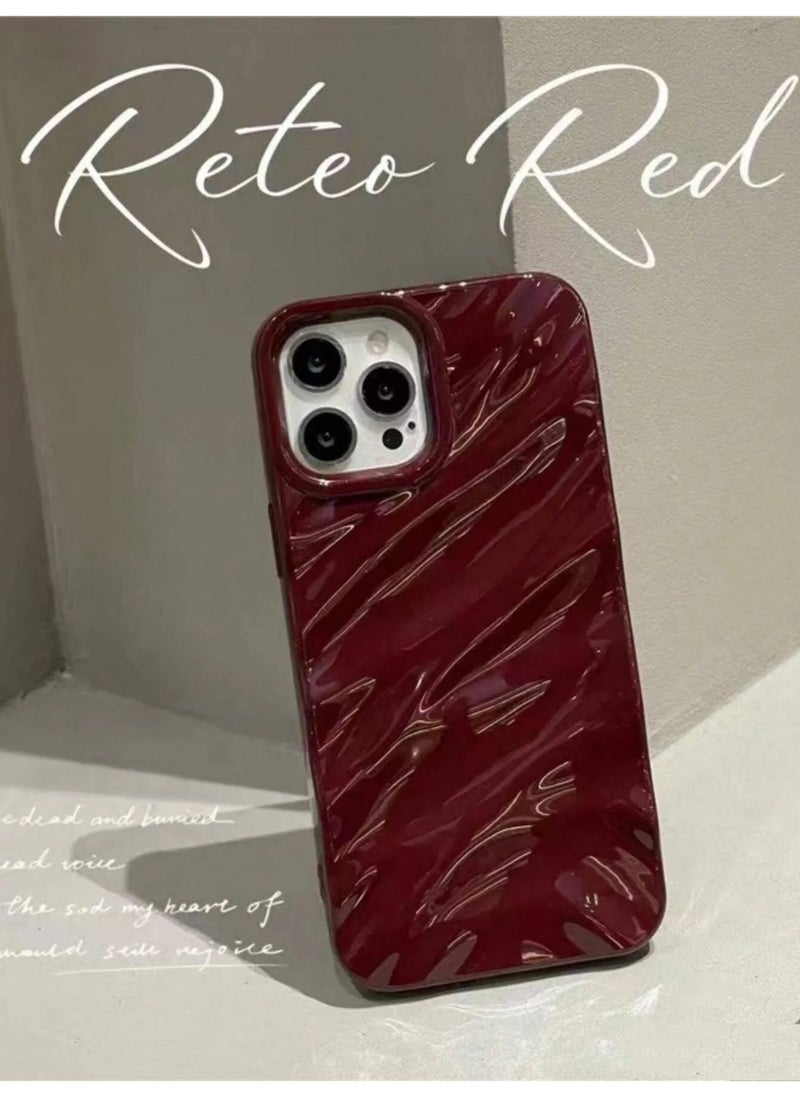 3D Wave Pattern Anti-drop Phone Case with Silky Texture Wrinkle Burgundy Brushed Effect Electroplating Compatible with iPhone